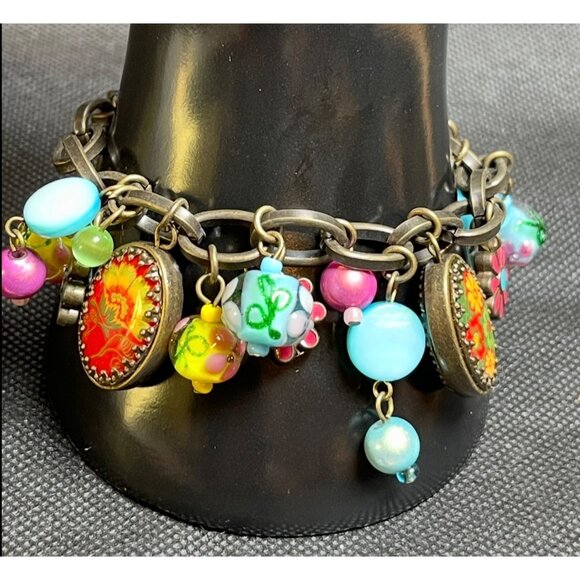 Jewelry - vtg Floral Chunky Antiqued-Bronze Bracelet Multicolor Glass Enamel Beads Charms